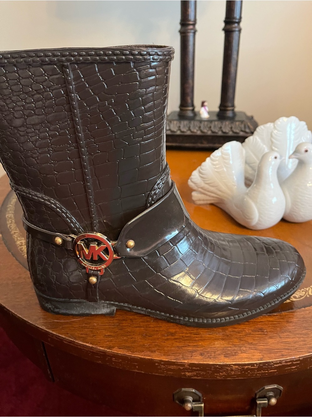 Michael Kors Dark Brown Croc-Embossed Mid-Calf Boot with MK Emblem